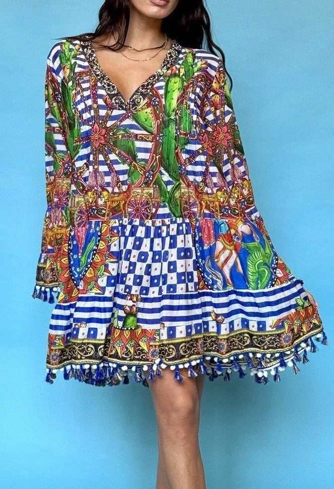 ANTICA SARTORIA BLUE & WHITE FUN ITALIAN PRINT TIE FRONT DRESS NWT O/S