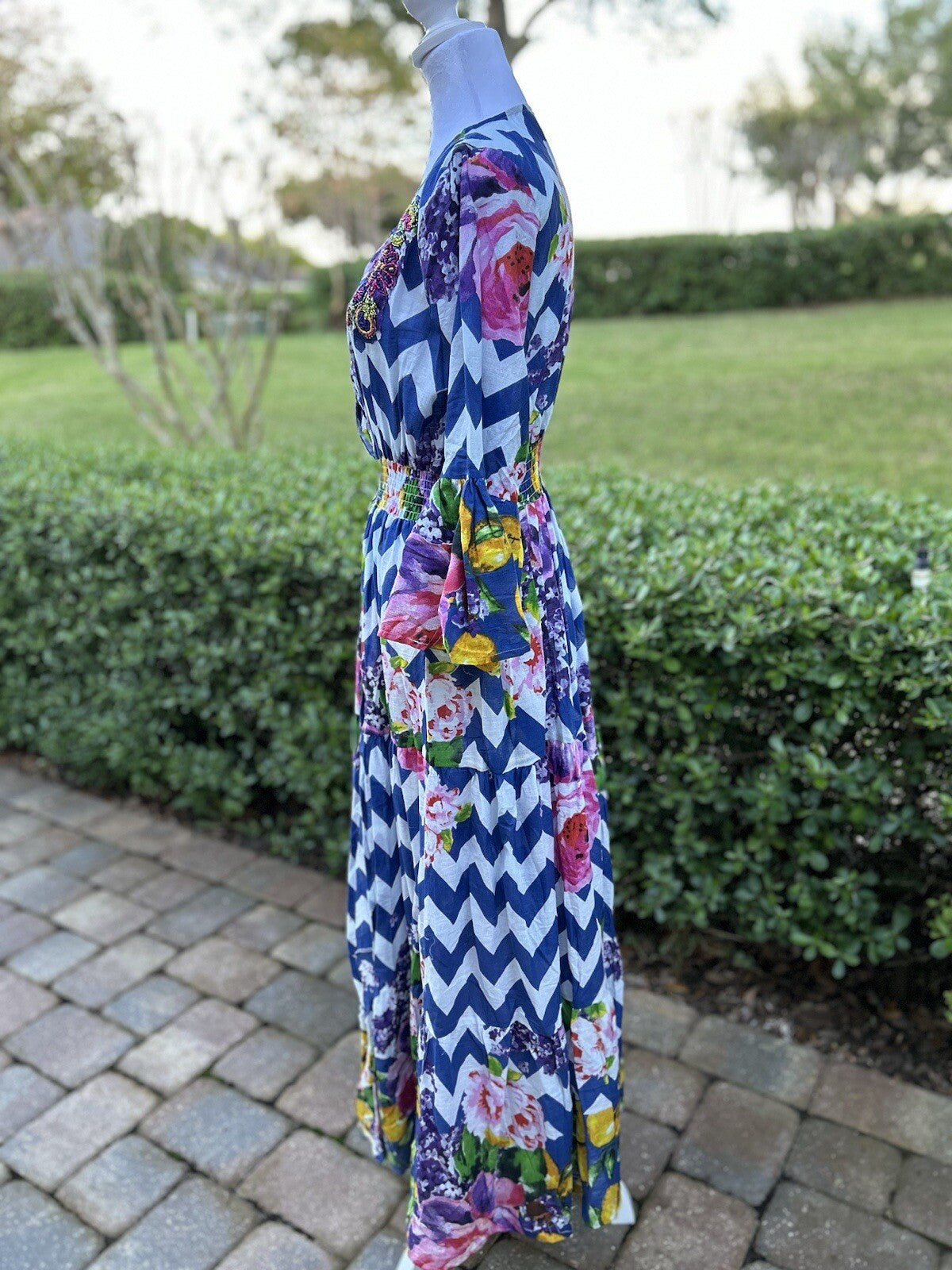 Antica Sartoria Long Chevron Cobalt Blue And Lemon Sequin Dress NWT O/S
