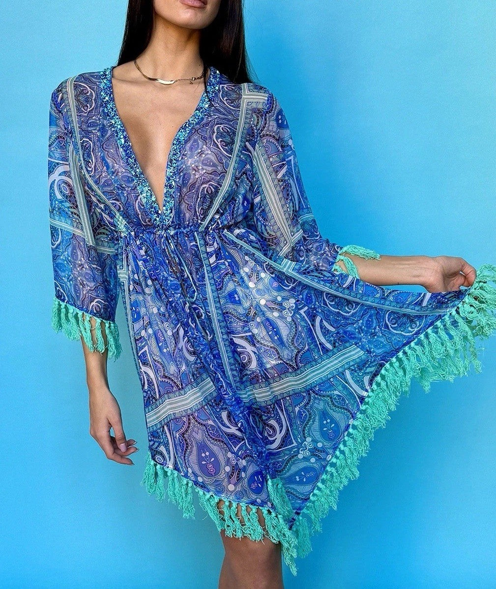 Antica Sartoria Blue & Green Kimono Dress Cover Up NWT O/S
