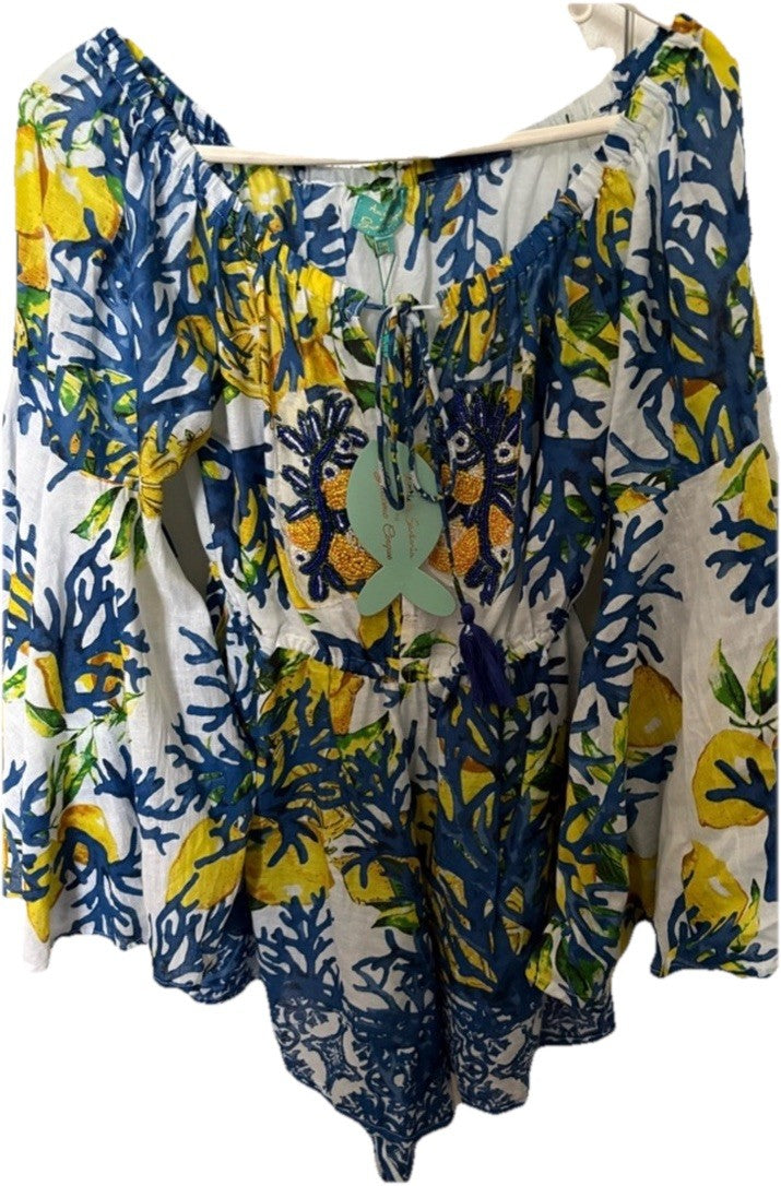Antica Sartoria Lemon 🍋 Blue Yellow Off Shoulder Romper Nwt O/S