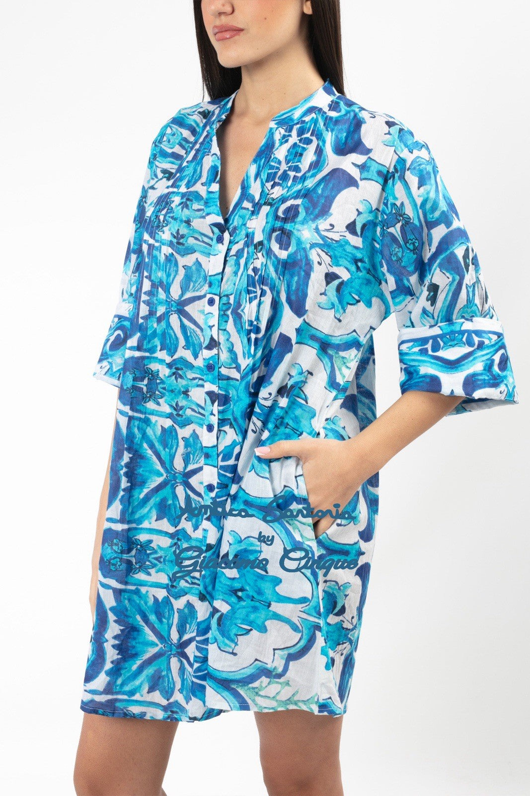 ANTICA SARTORIA 2025 BLUE WHITE BUTTON SHIRT DRESS NWT S/M