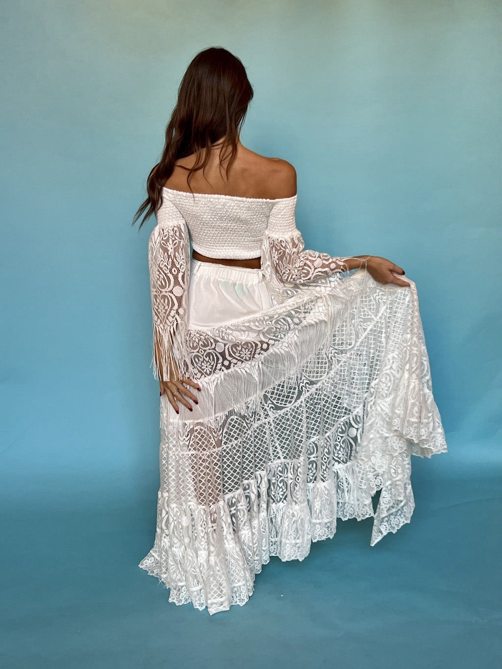 Antica Sartoria 2024 Stunning White Lace Top Skirt High Low With Fringe