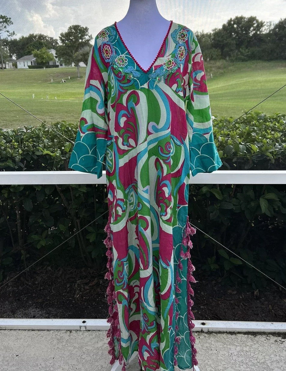Antica Sartoria Splash & Wave Pattern Long Kaftan Dress Aqua🩵 🩷 Pink 💚🤍 S/M