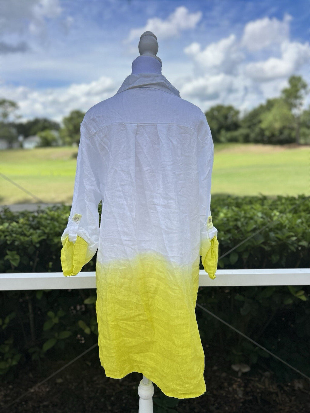 Made In Italy 100% Linen Short Long Shirt Tip Dye Button Down White Yellow 2 Pcs