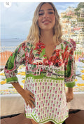 ANTICA SARTORIA 2025 Green & Pink Tunic V NECK SHIRT NWT LARGE