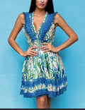 Antica Sartoria 2024 Blue Green Swirl Print V Neck Dress NWT O/S GORGEOUS LAST 1