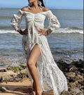 Antica Sartoria White Off Shoulder Long Lace Buttons Dress With Under Skirt