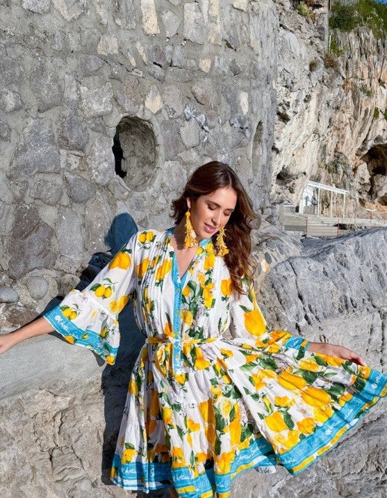 Antica Sartoria 2026 White Aqua Flowers & Lemon 🍋 4 Button Belted Dress NWT O/S