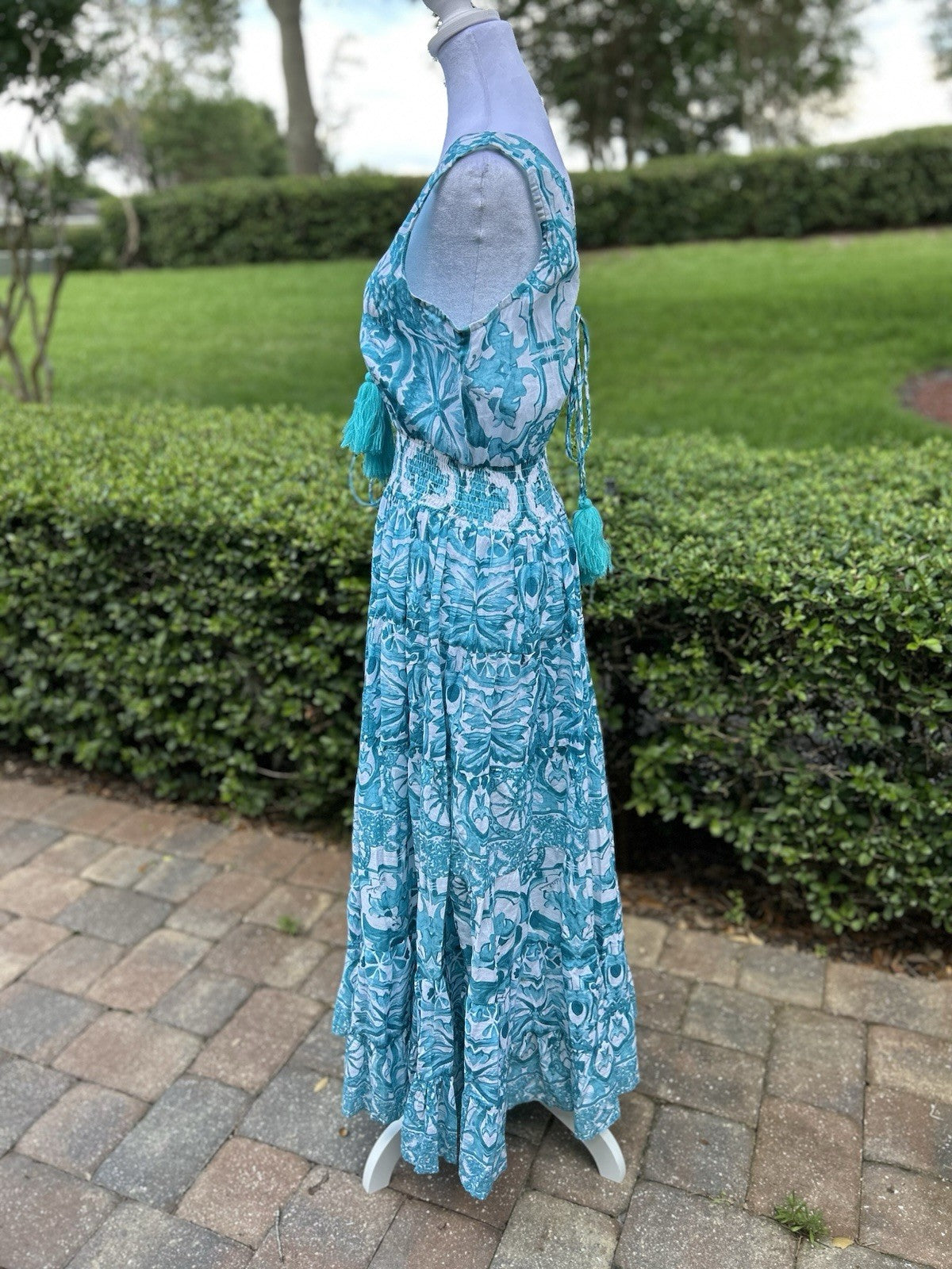 Antica Sartoria 2024 Aqua & White Beautiful Long Dress V-Neck NWT O/S