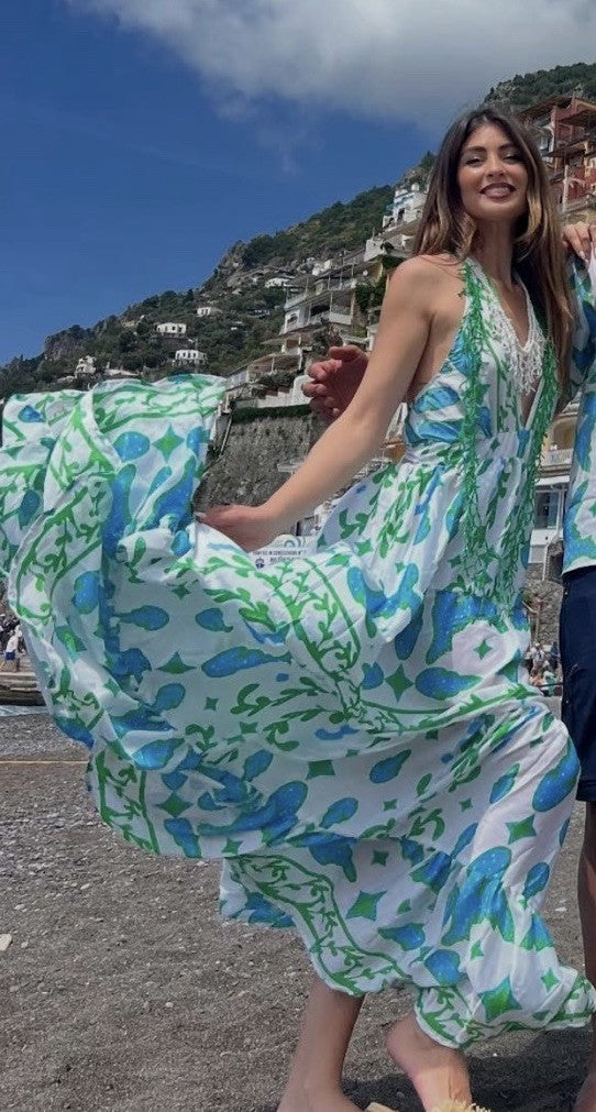 Antica Sartoria 2025 Blue Green White Halter Top Dress NWT O/S