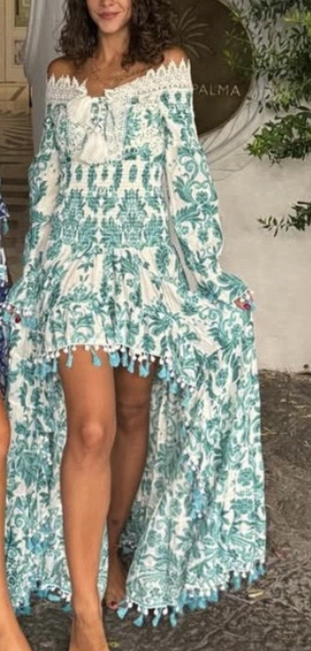 Antica Sartoria 2024 Aqua Long Back Short Front Flower Off Shoulder Dress NWT