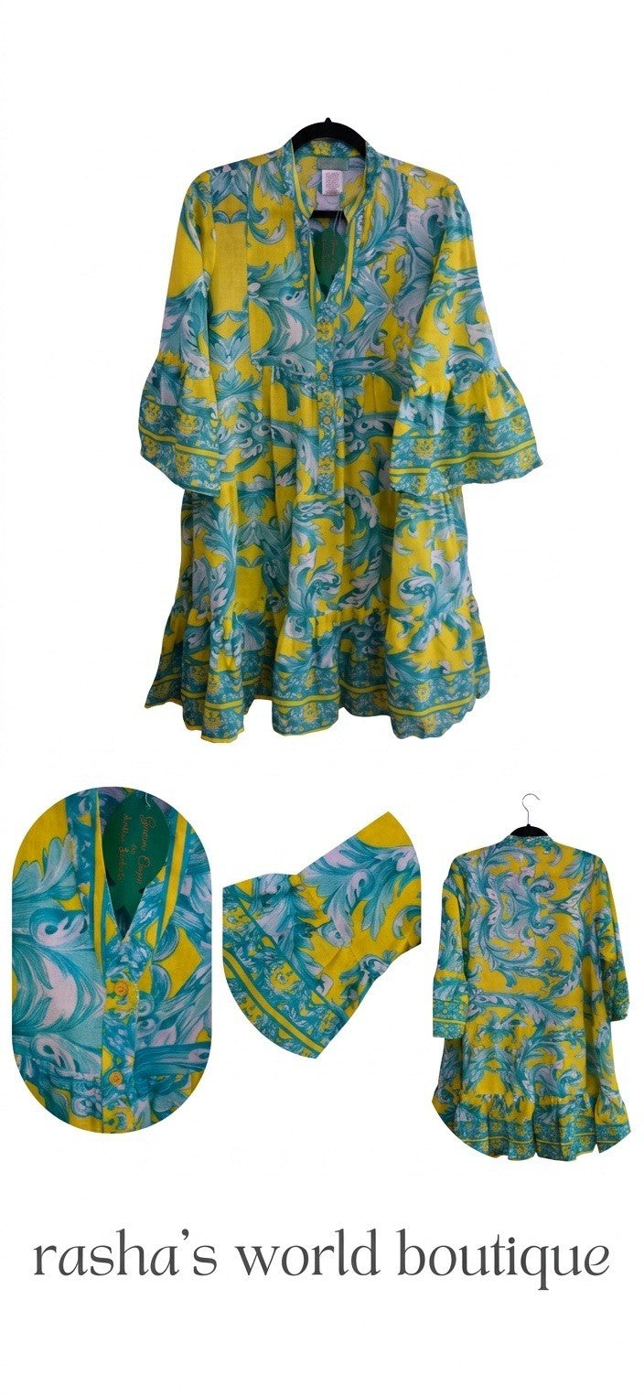 Antica Sartoria 2026 Lemon 🍋 Yellow & Aqua Tulip Print Dress S/M NWT