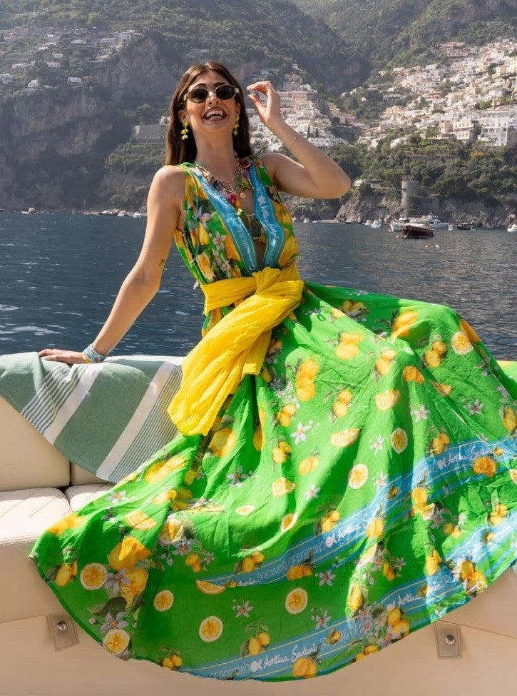 Antica Sartoria 2026 Green Blue & Lemon Strappy Long V Neck Front & Back Dress