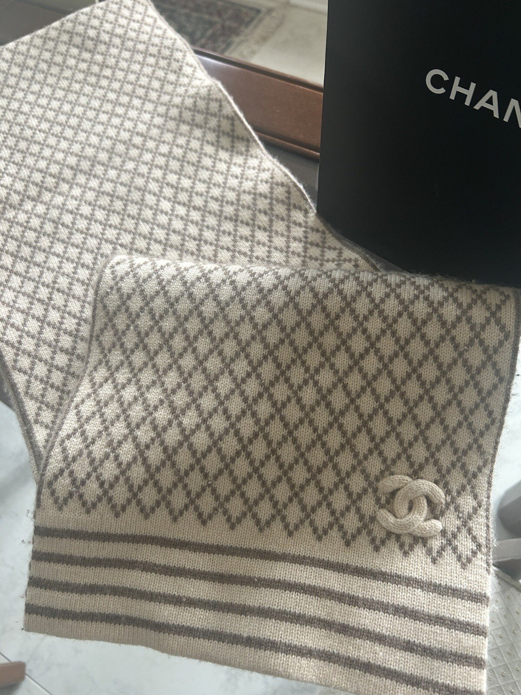 CHANEL Milk tea Beige CC Logo Cashmere Scarf Wrap Stole