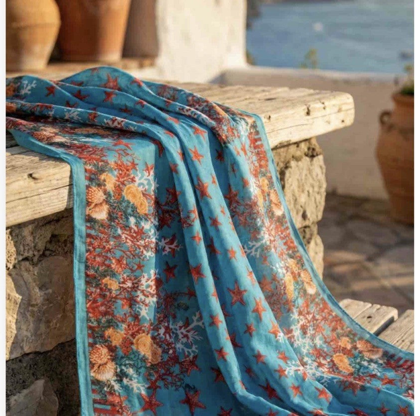 Antica Sartoria 2026 Blue Corals & Stars Cotton Scarf Sarong Nwt