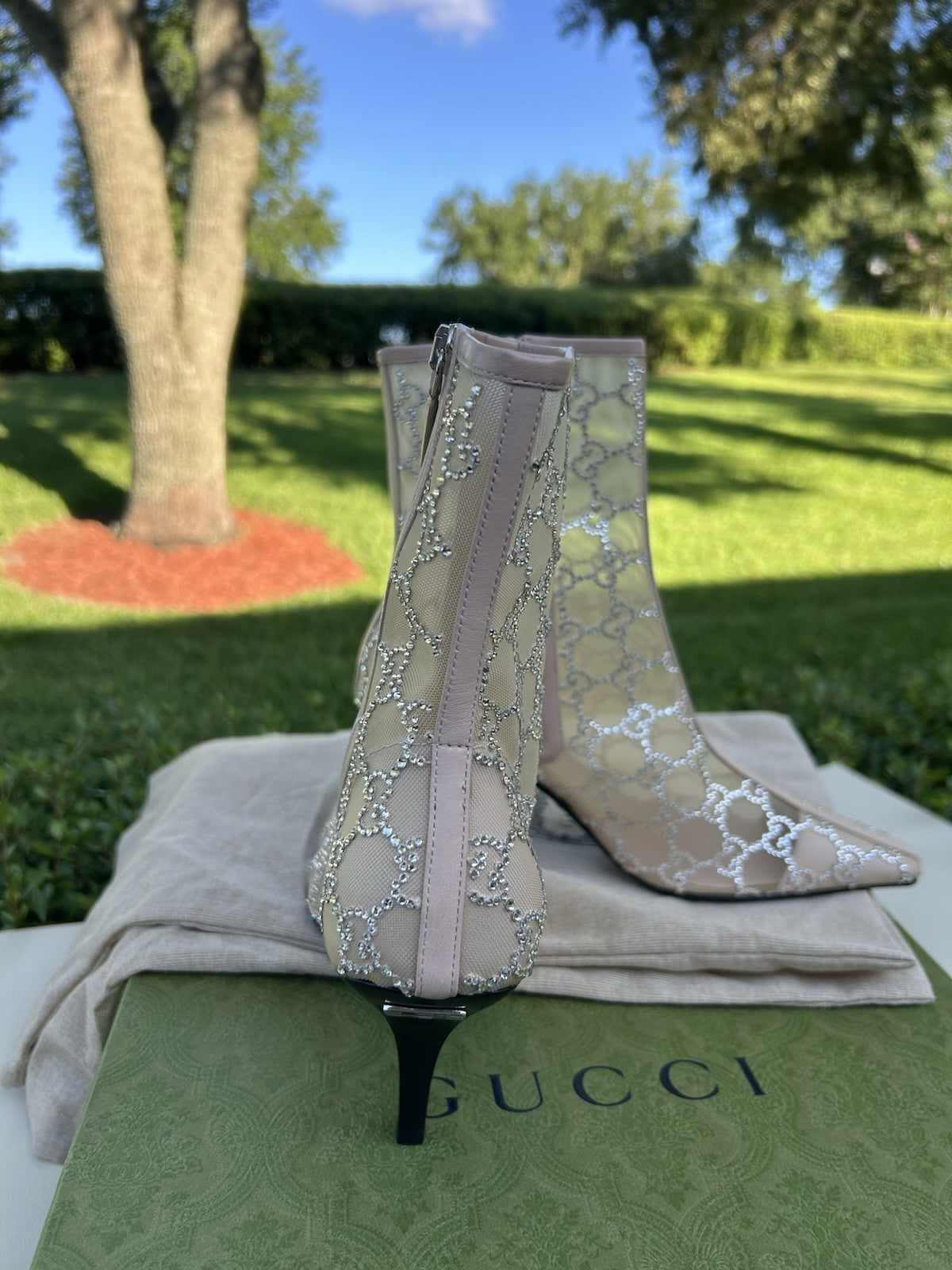 Gucci Demi Crystal Mesh Ankle Boots Glitter Beige Size EU-37.5 NIB