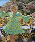 Antica Sartoria 2026 Lemon 🍋 Yellow & Aqua Tulip Print Dress L/XL NWT