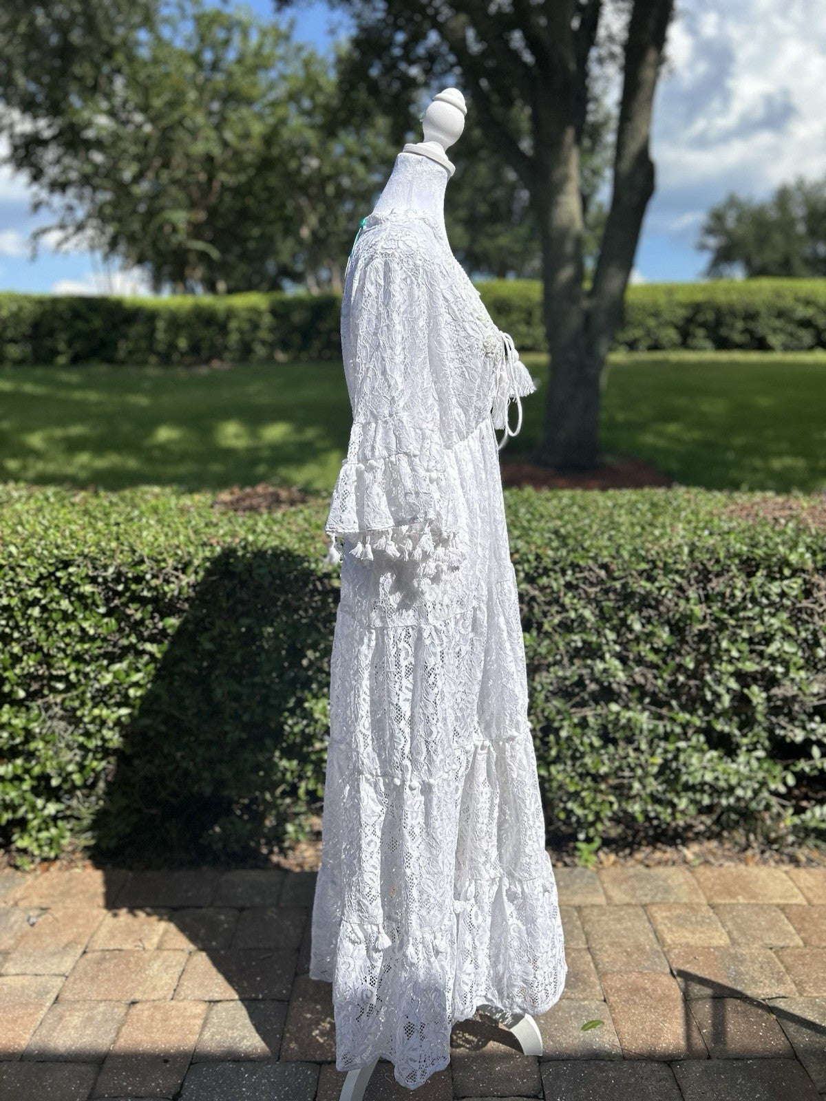 Antica Sartoria Gorgeous White Long V Neck Lace Dress With Bell Sleeve NWT O/S
