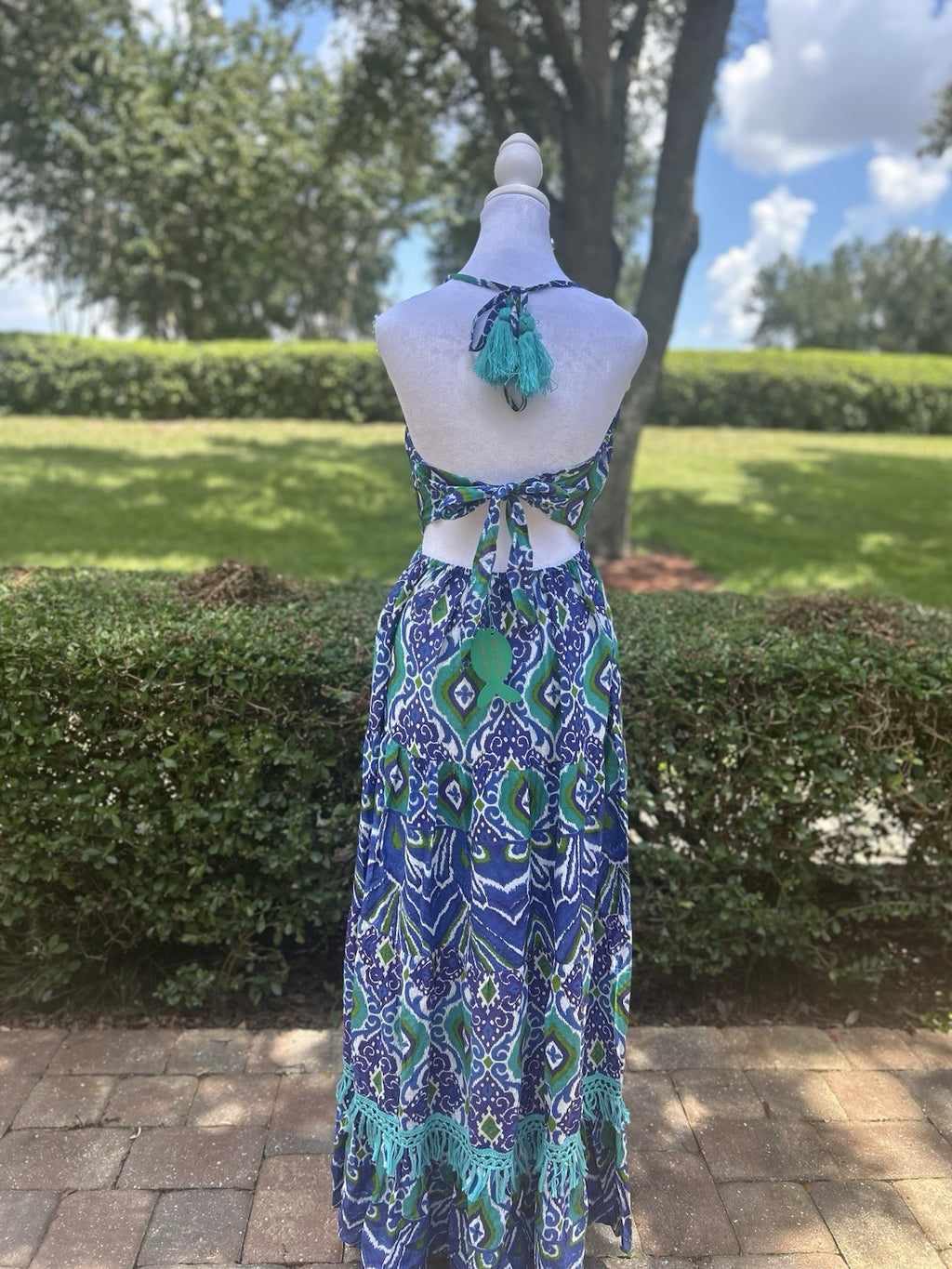 Antica Sartoria 2024 Gorgeous Bead Work Long Blue Green V Neck Halter Dress NWT