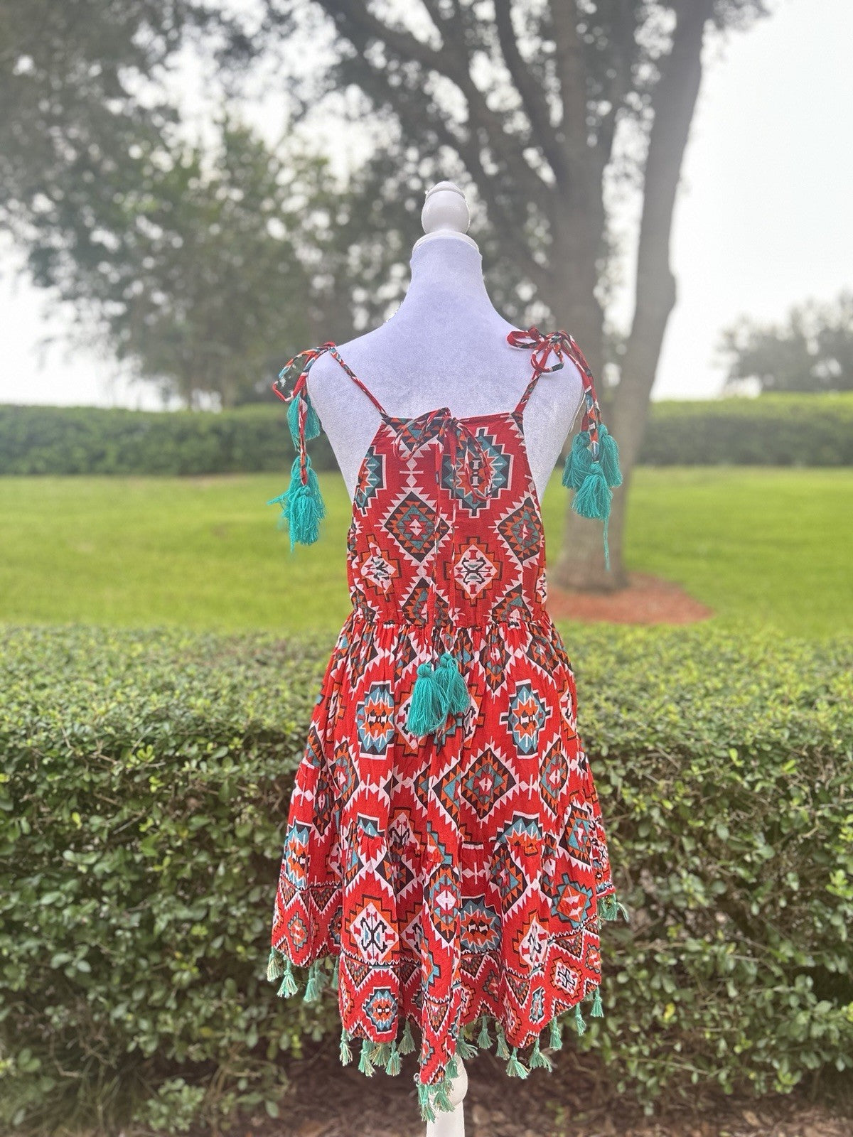 Antica Sartoria Scrappy Red Green V Neck Beaded Dress NWT O/S