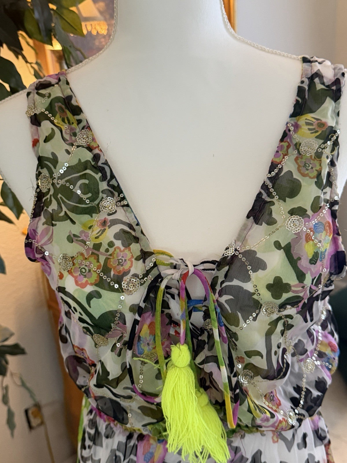Antica Sartoria Beaded Colorful Green Black Pink High Low Sleeveless Dress O/S