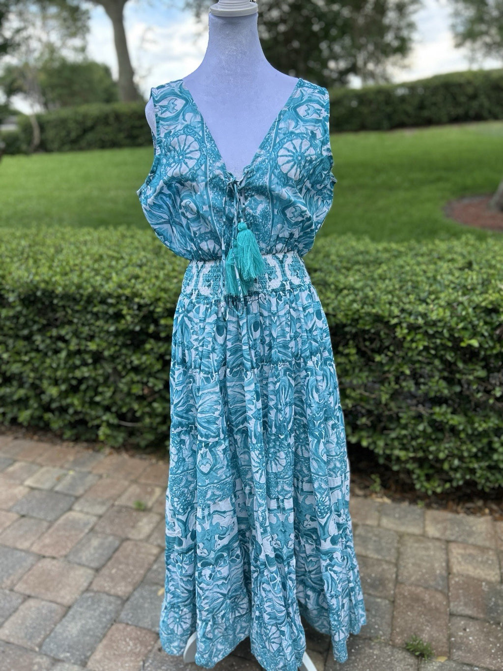 Antica Sartoria 2024 Aqua & White Beautiful Long Dress V-Neck NWT O/S