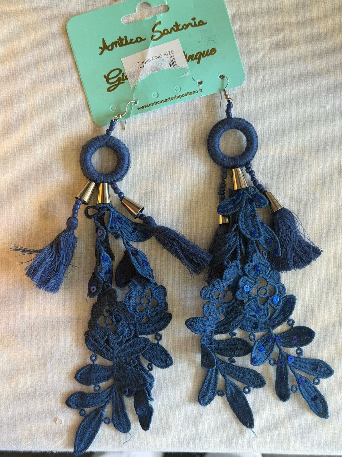 ANTICA SARTORIA NAVY BLUE FLOWERS POM POMS EARRINGS PIERCED  NWT