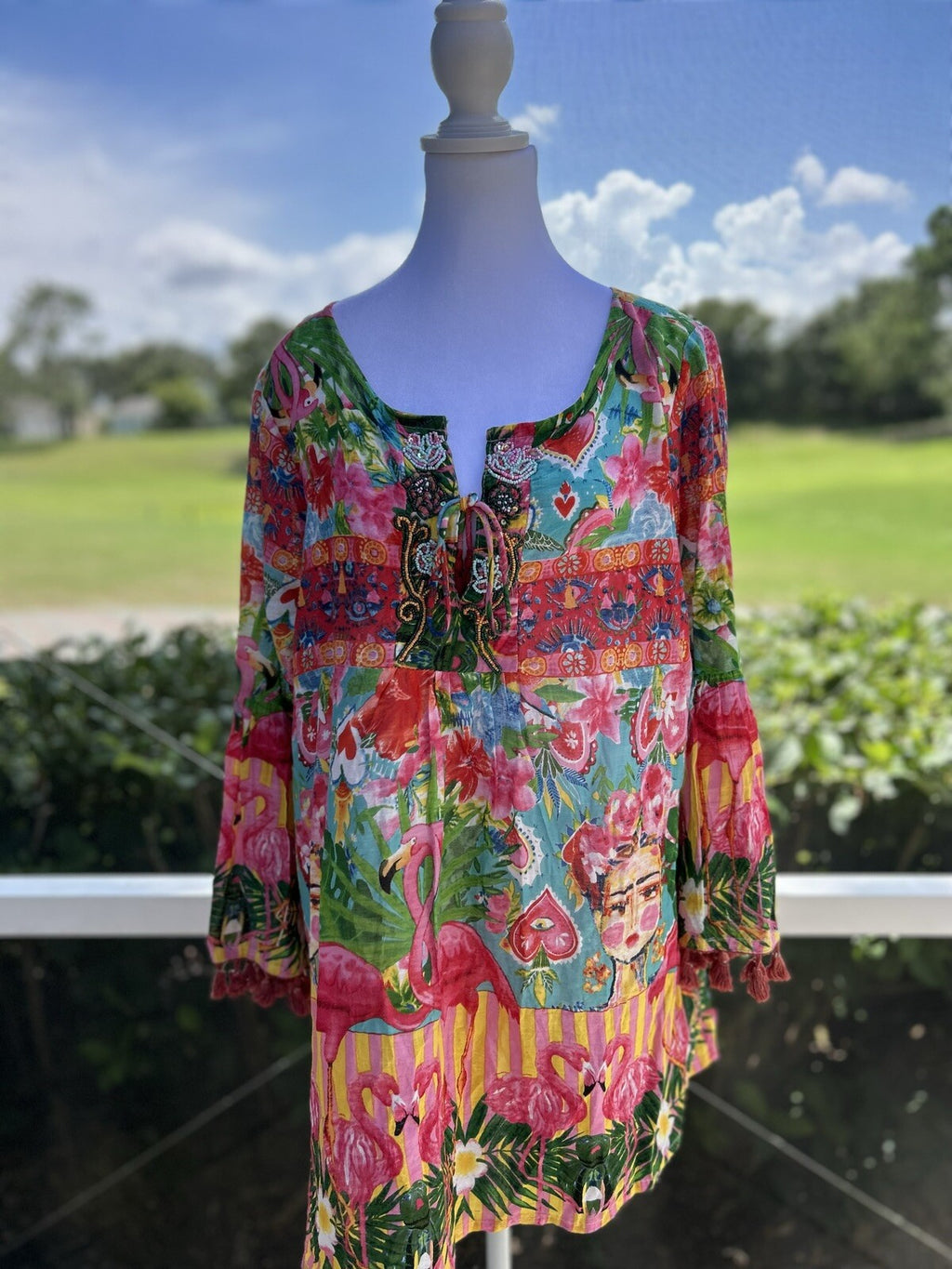 ANTICA SARTORIA FLAMINGO HEART COVER-UP DRESS TOP SEQUIN 🦩💛🩷💚🦩