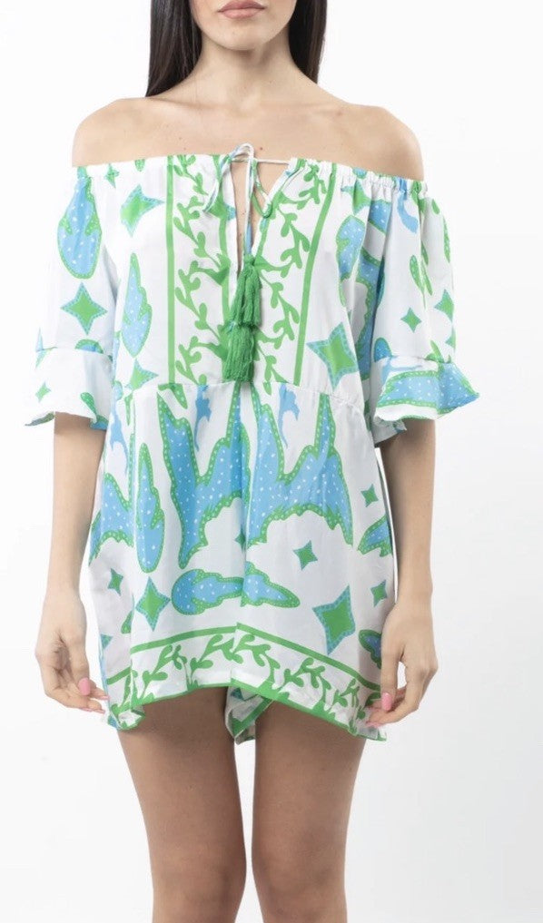 Antica Sartoria 2025 Green And White Off Shoulder Romper Nwt O/S