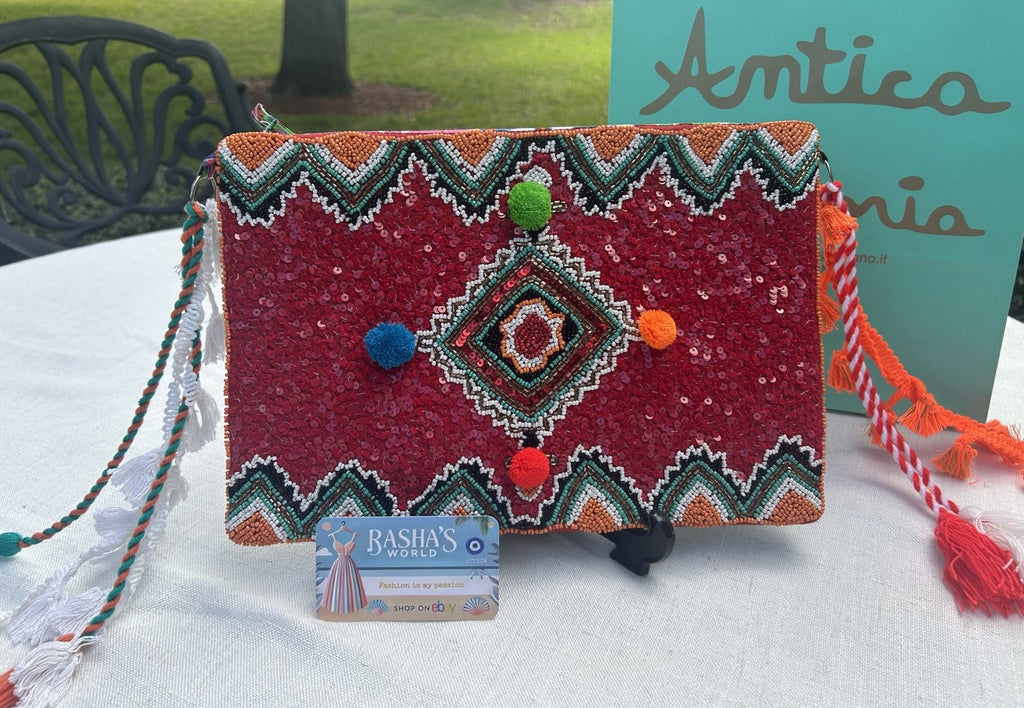 Antica Sartoria Red Orange Green Sequins Clutch Bag Gorgeous Nwt