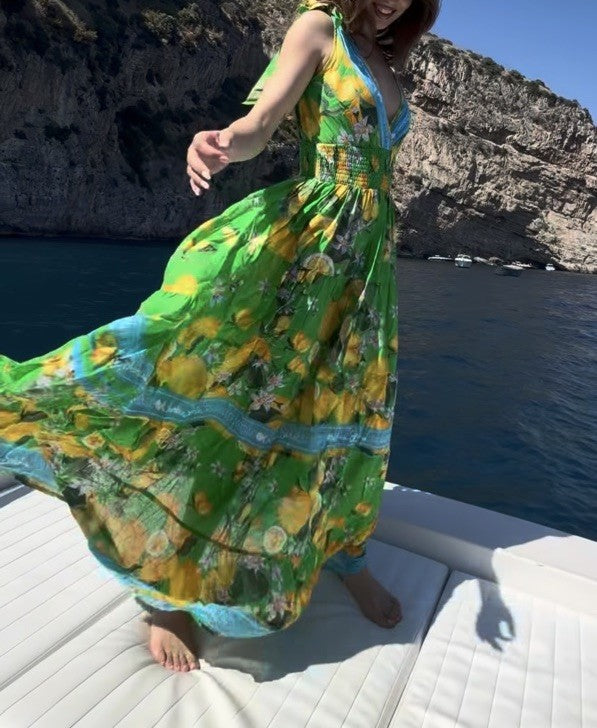 Antica Sartoria 2026 Green Aqua & Lemon Strappy Long V Neck Front & Back Dress