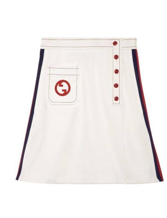 GUCCI 2024 WHITE WITH NAVY & RED STRIPE 5 BUTTON SKIRT NWT Size 42
