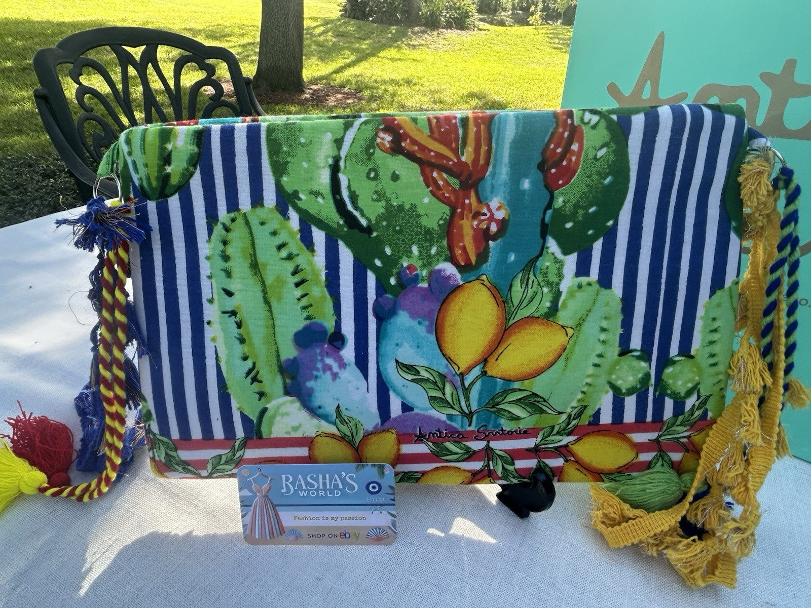 ANTICA SARTORIA SICILIAN CART CACTUS & LEMONS ON BACK BEAD & SEQUINS PURSE NWT
