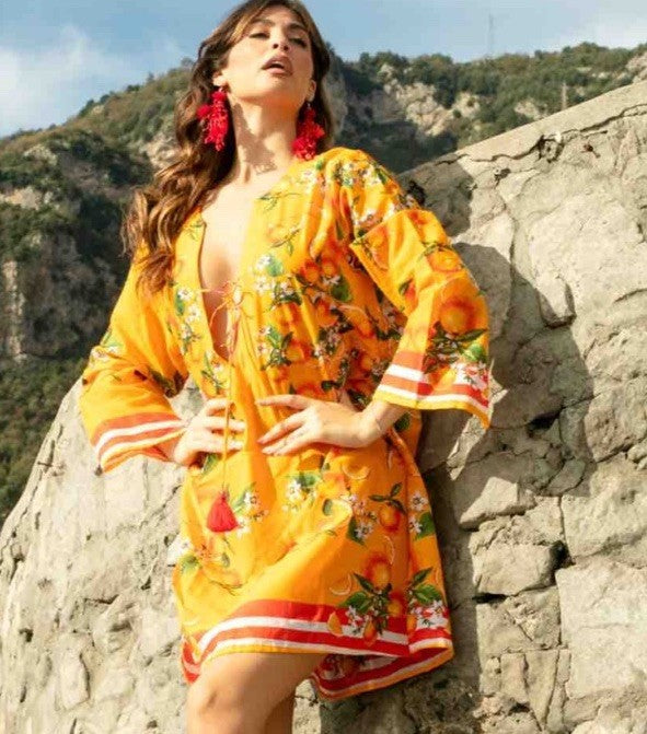 Antica Sartoria 2026 Oranges & Flowers Tie Front Mumu Kaftan Dress Nwt L/XL