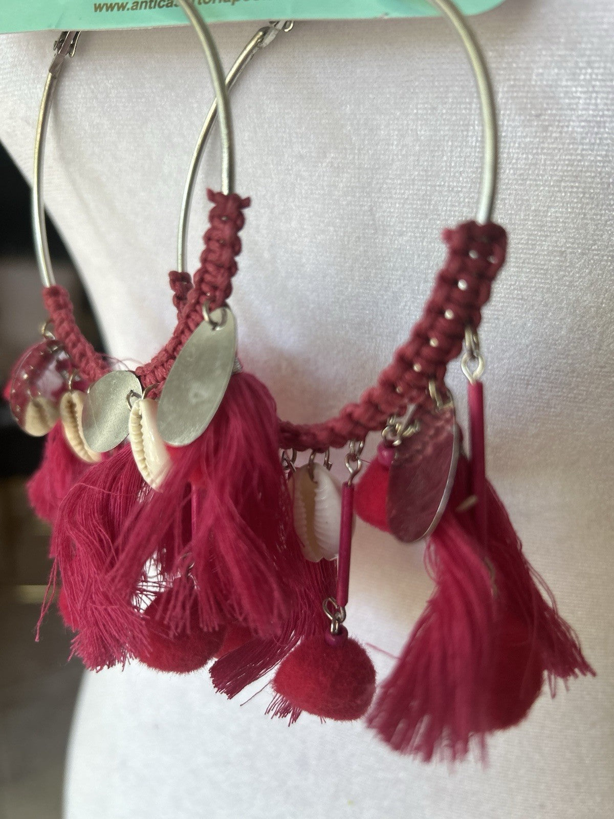 ANTICA SARTORIA PINK POM POM & SHELLS HOOP EARRINGS NWT