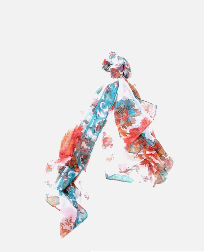 ANTICA SARTORIA 2025 PINK & BLUE FLOWERS WHITE BACKGROUND POLY CHIFFON SCARF