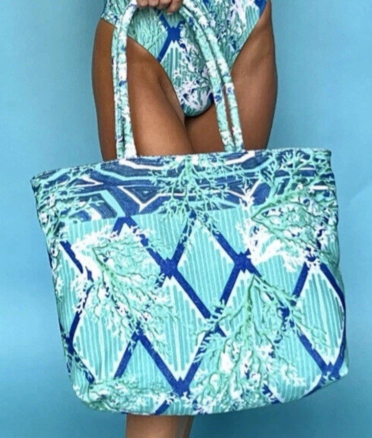 Antica Sartoria 2024 Blue Green & Corals 🍋 Beach Tote Bag Lined Inside NWT