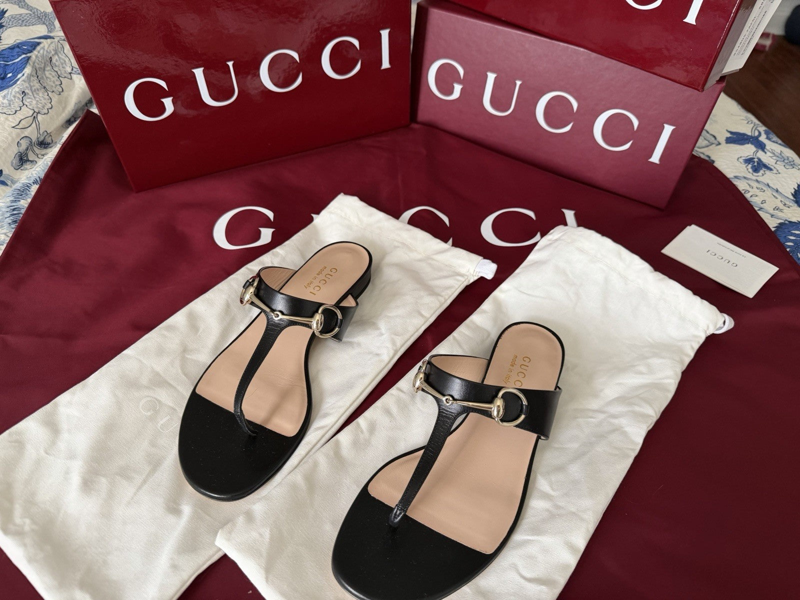 Gucci Women Horsebit Thong Sandals In Black Size 38 NIB
