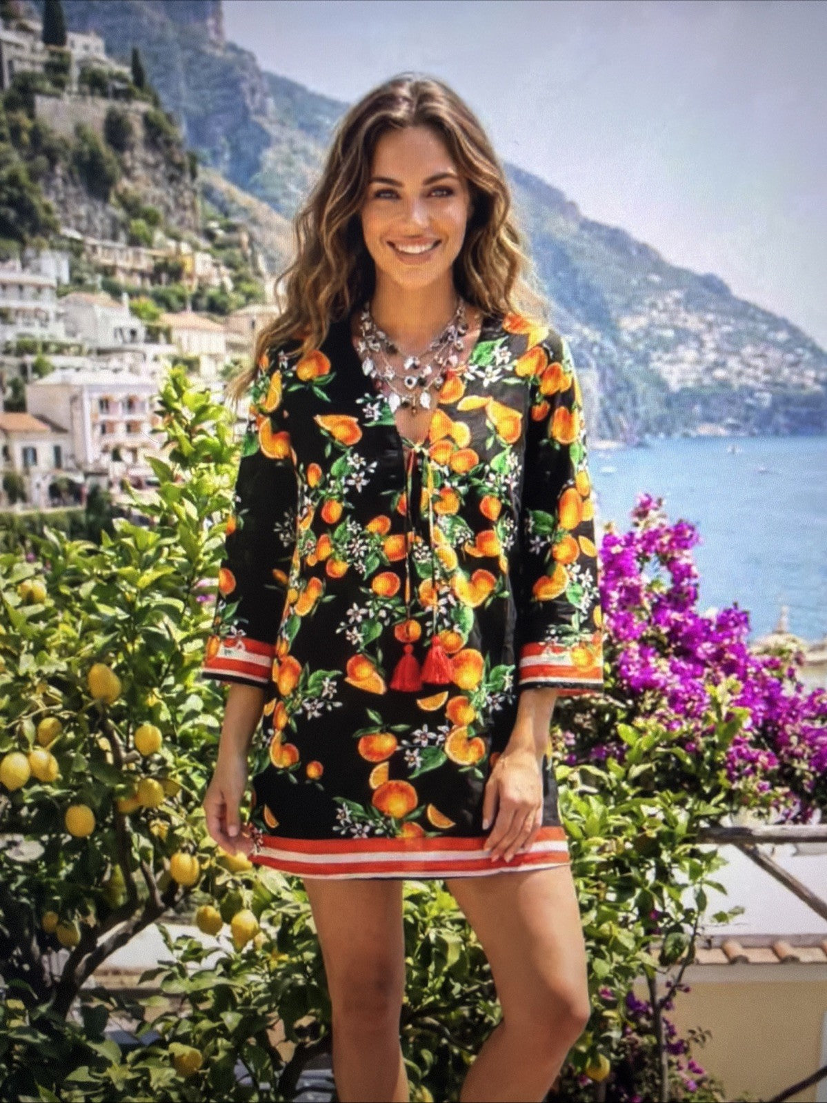 Antica Sartoria 2026 Black Oranges & Flowers Tie Front Mumu Kaftan Dress Nwt L/X