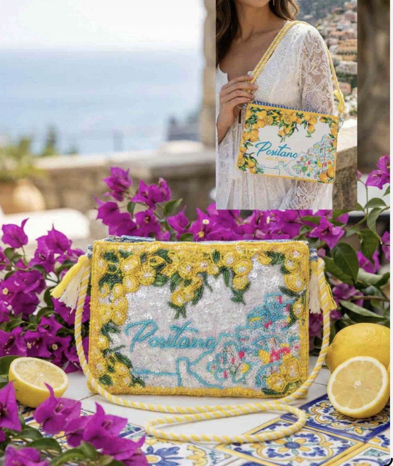 Antica Sartoria 2026 Yellow Lemon Green Clutch Positano Beaded Bag Gorgeous NWT