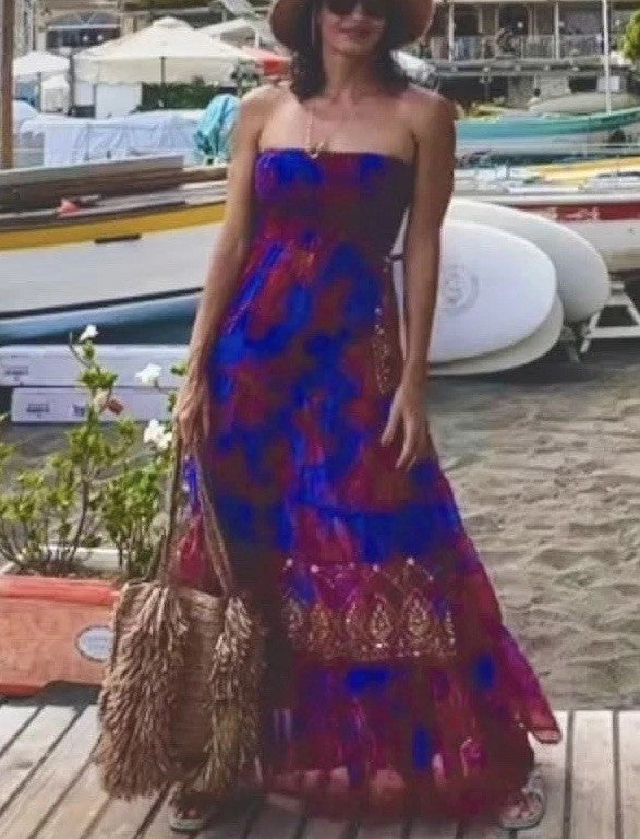 Antica Sartoria Blue And Red Coral & Gold Smocked Top STRAPPY Dress NWT O/S