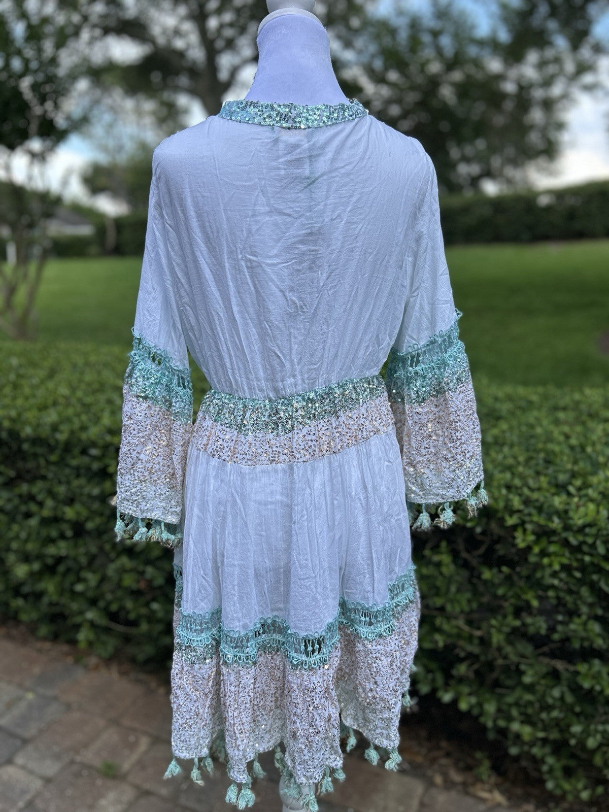 ANTICA SARTORIA 2024 WHITE AQUA GOLD TIE FRONT GORGEOUS SEQUINS OS DRESS