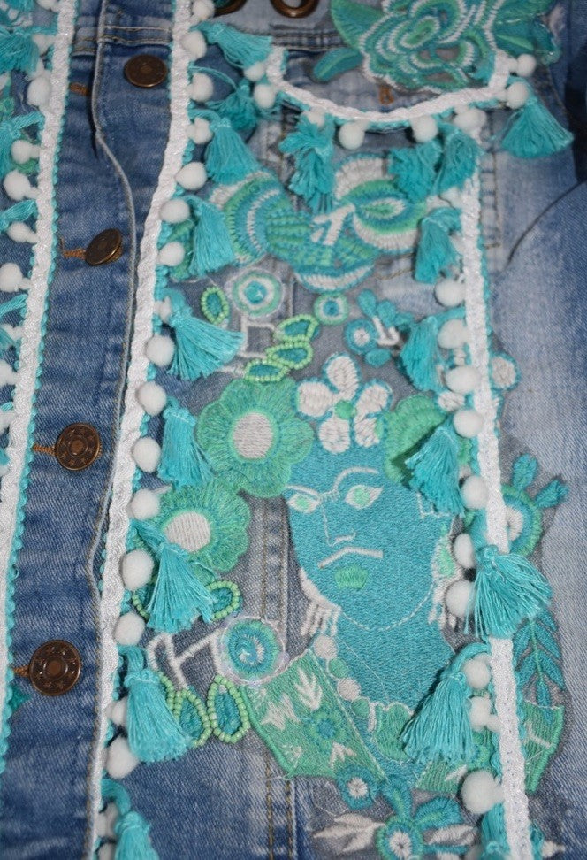 ANTICA SARTORIA MEDIUM AQUA WITH FACES JEAN JACKET NWT