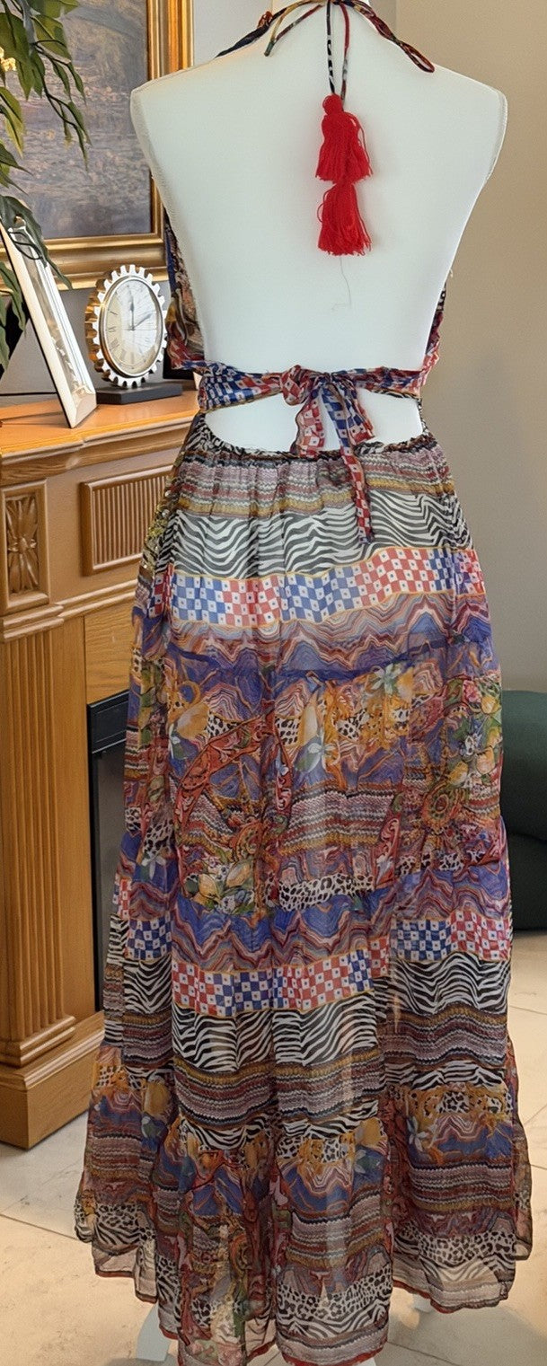 Antica Sartoria Long Beaded Colorful Red Brown Chiffon Halter Dress O/S