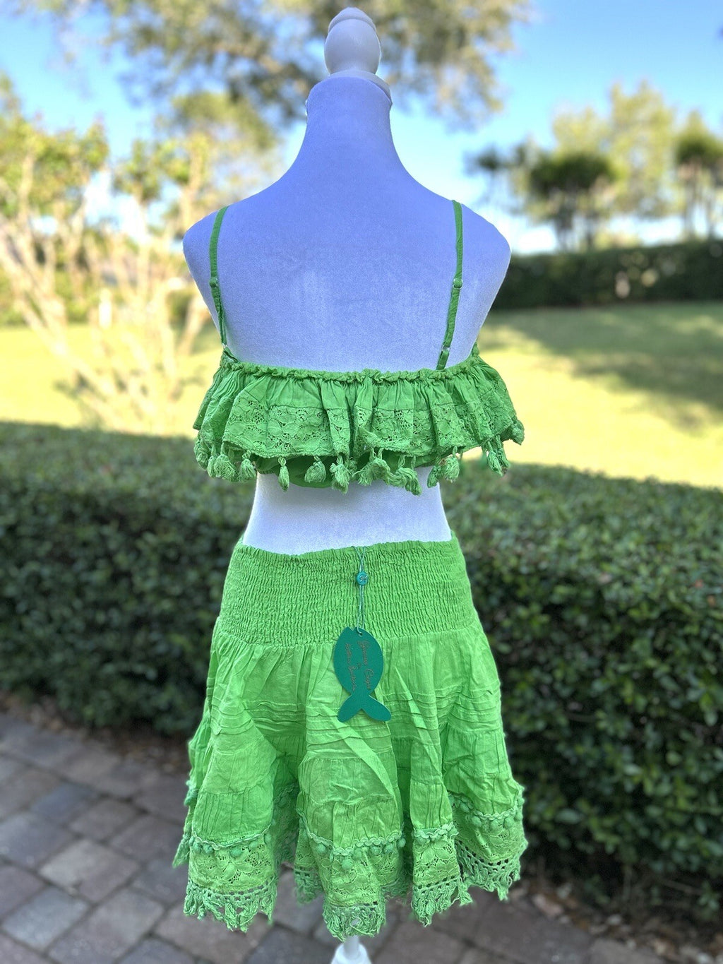 Antica Sartoria 2023 Green Skirt With Lace  And Midi Top With Pompom NWT O/S