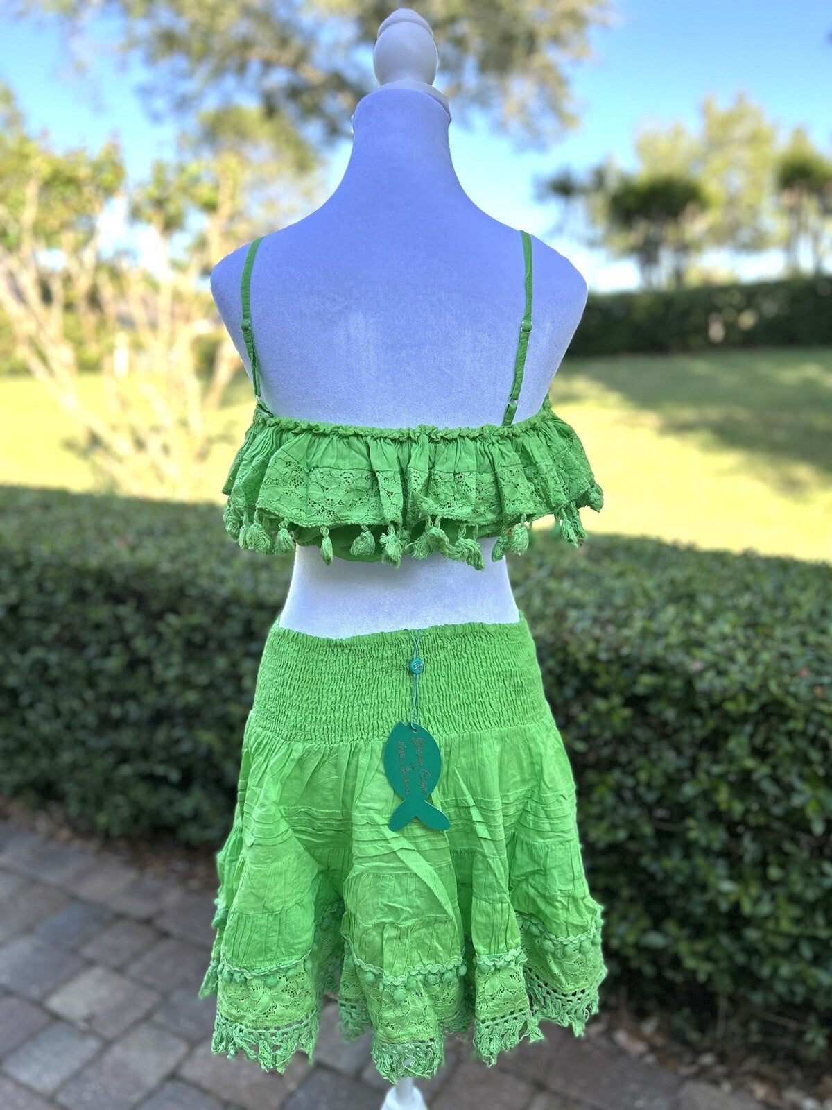 Antica Sartoria 2023 Green Skirt With Lace  And Midi Top With Pompom NWT O/S