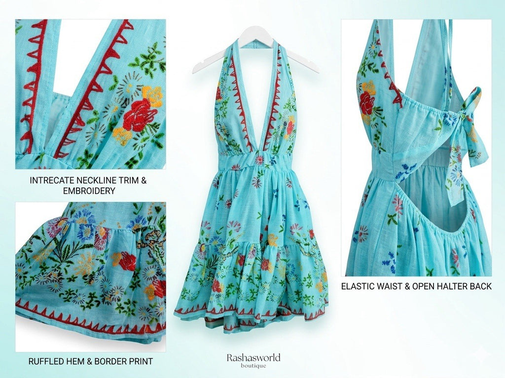 Antica Sartoria 2026 Aqua Flowers Halter Back Tie Back Dress Nwt O/S