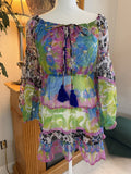 Antica Sartoria Green White Pink Fun Print Beaded Off Shoulder Short Dress O/S
