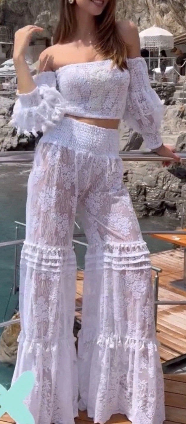 ANTICA SARTORIA 2024 SMOCKED TOP & PANTS SET WHITE LACE GORGEOUS NWT O/S LAST 1
