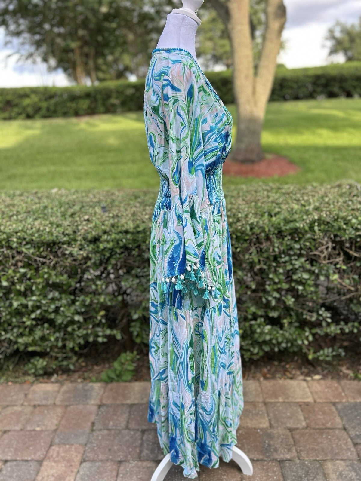 Antica Sartoria Aqua Blue White Swirl Print Long V Neck Beaded Dress NWT O/S